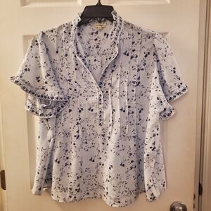 Max Studio sz 1X ss pullover loose top floral ruffles boho peasant garden casual